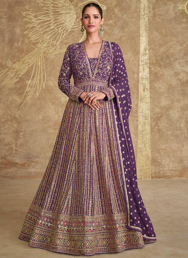 Georgette Purple Wedding Wear Embroidery Work Readymade Anarkali Suit